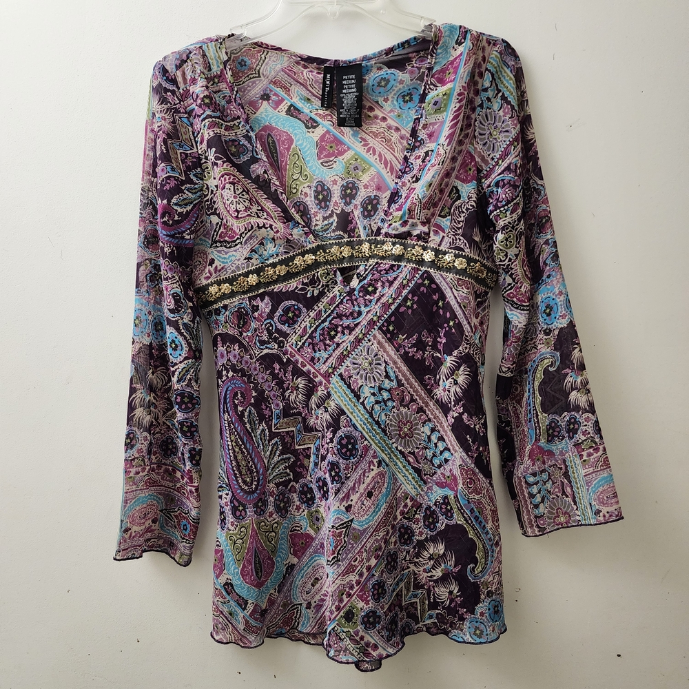 Mixit Multicolor PM Paisley V-Neck Blouse Hippie Boho Empire Waist Metallic